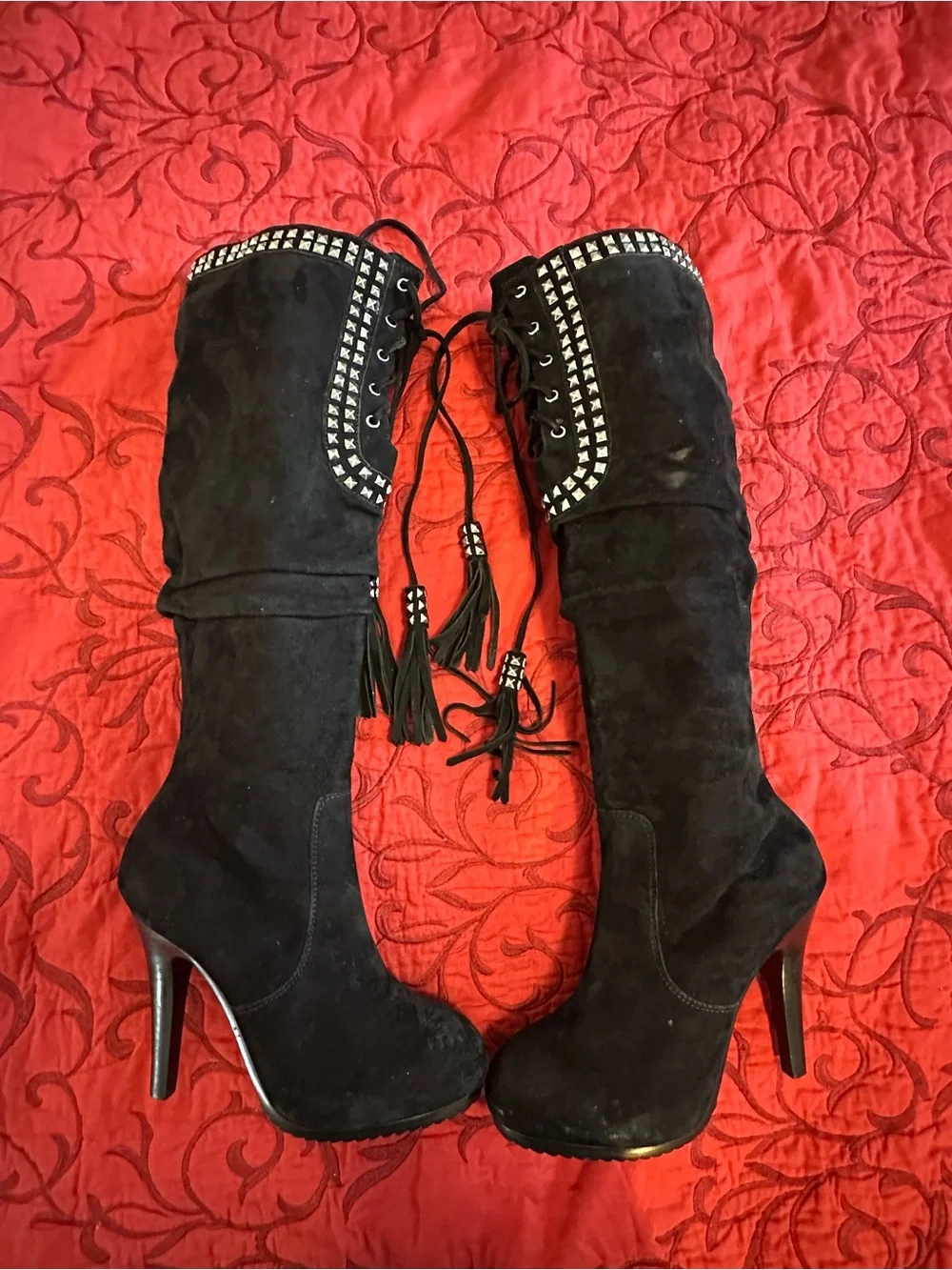 Saks Fifth Avenue Black Suede Over-the-Knee Studded Lace-Up Boots